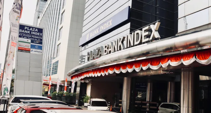 Plaza Bank Index with the new letter signage installed at building canopy